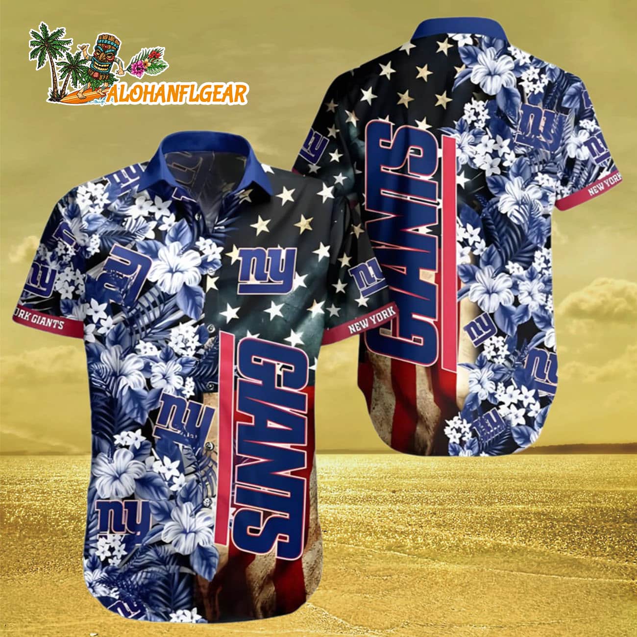 New York Giants Hawaiian Shirt American Flag Flowers Design, New York Giants Aloha Shirt New York Giants Hawaiian Shirt American Flag Flowers Design, New York Giants Aloha Shirt