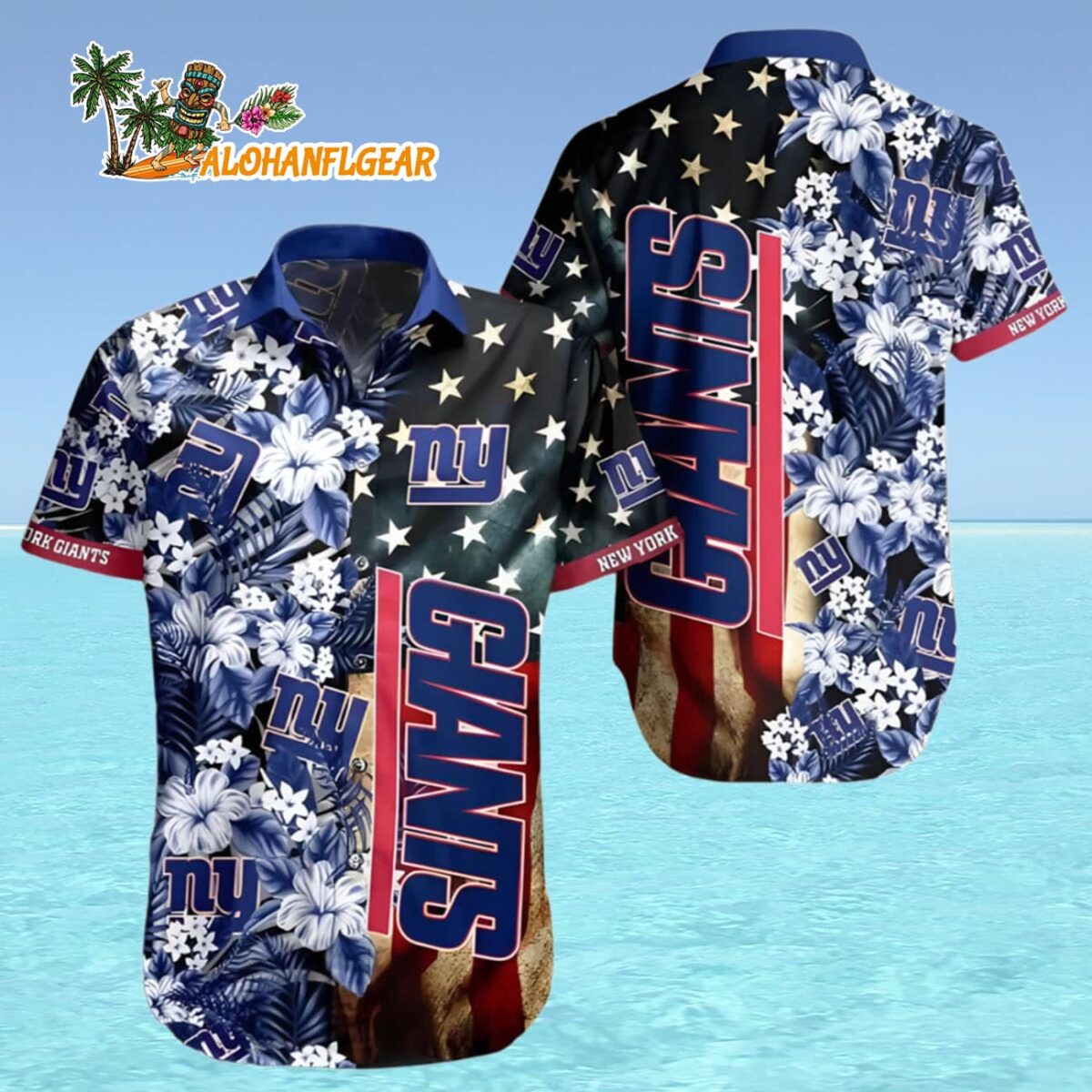 New York Giants Hawaiian Shirt American Flag Flowers Design New York Giants Aloha Shirt 4