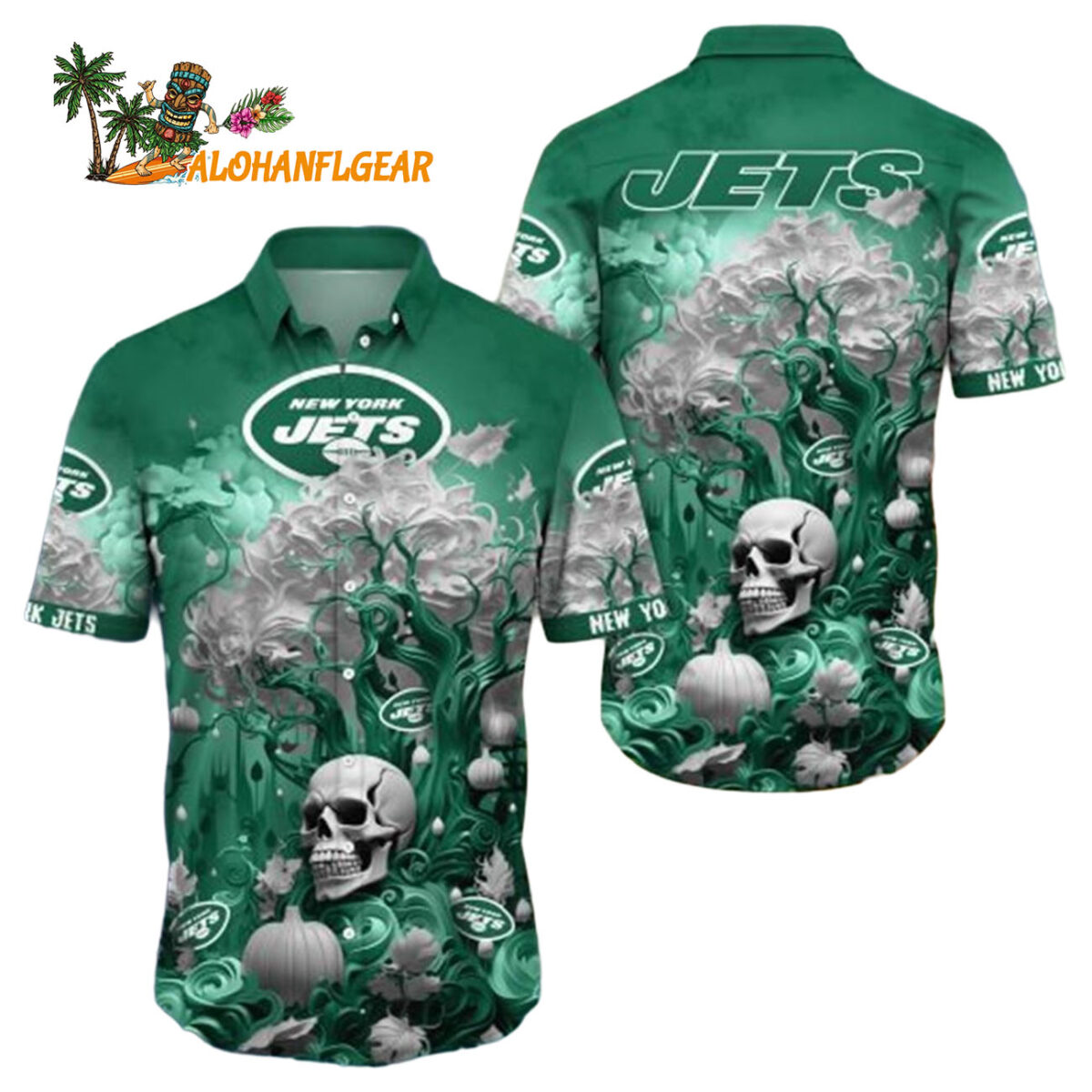 New York Jets Halloween Skull Pumpkin New York Jets Aloha Shirt 1
