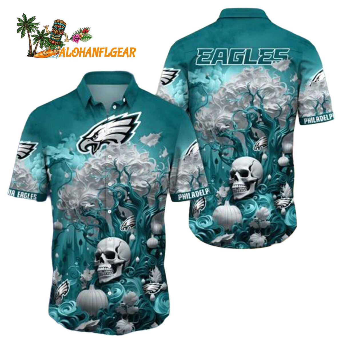 Philadelphia Eagles Halloween Skull Pumpkin Hawaiian Shirt Philadelphia Eagles Aloha Shirt 1