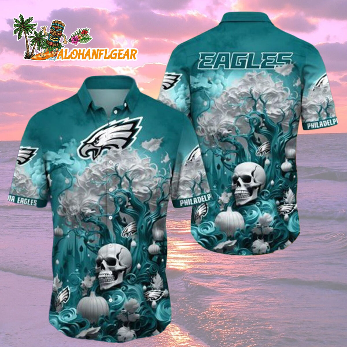 Philadelphia Eagles Halloween Skull Pumpkin Hawaiian Shirt Philadelphia Eagles Aloha Shirt 2