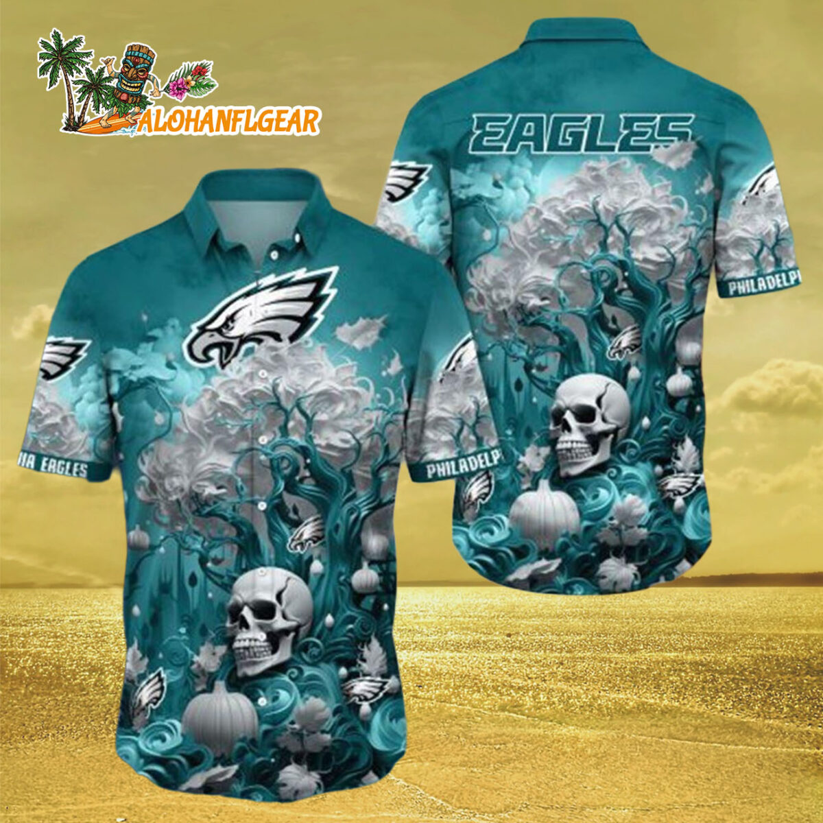 Philadelphia Eagles Halloween Skull Pumpkin Hawaiian Shirt Philadelphia Eagles Aloha Shirt 3