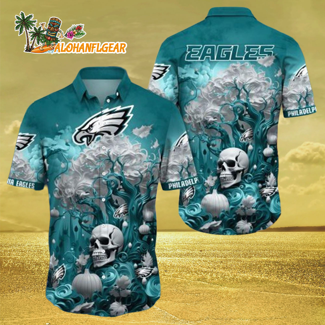 Philadelphia Eagles Halloween Skull Pumpkin Hawaiian Shirt, Philadelphia Eagles Aloha Shirt Philadelphia Eagles Halloween Skull Pumpkin Hawaiian Shirt, Philadelphia Eagles Aloha Shirt
