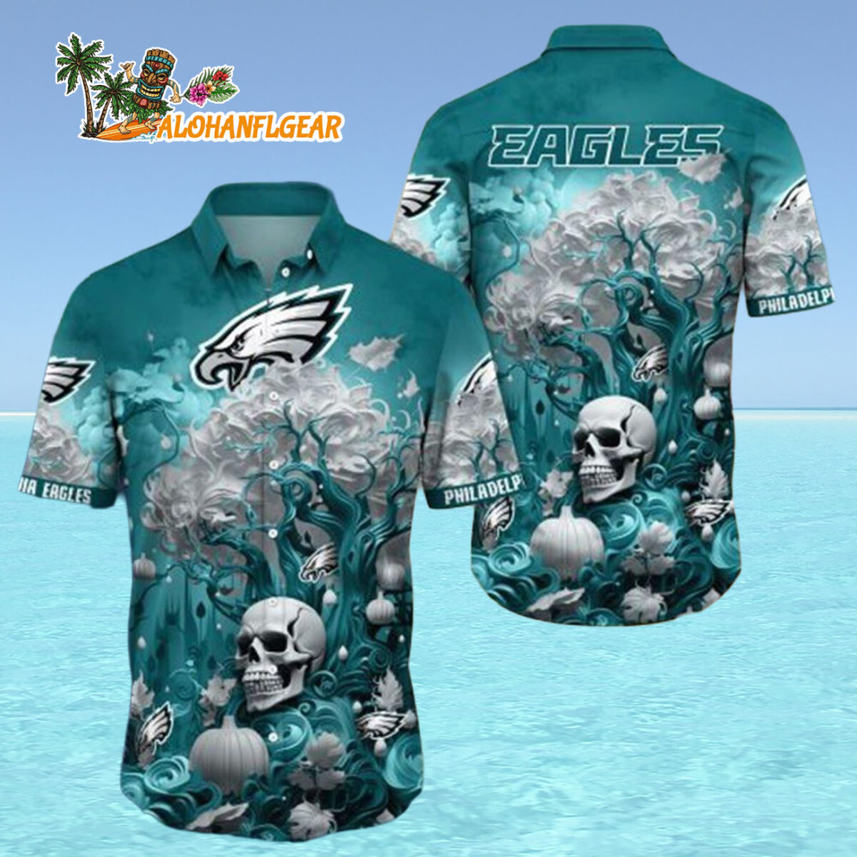 Philadelphia Eagles Halloween Skull Pumpkin Hawaiian Shirt Philadelphia Eagles Aloha Shirt 4