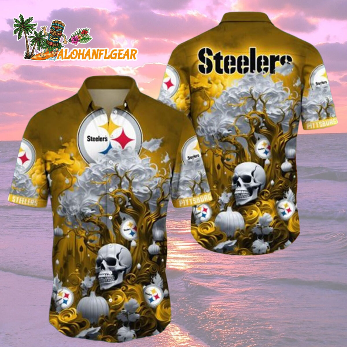 Pittsburgh Steelers Halloween Skull Pumpkin Philadelphia Eagles Aloha Shirt 2