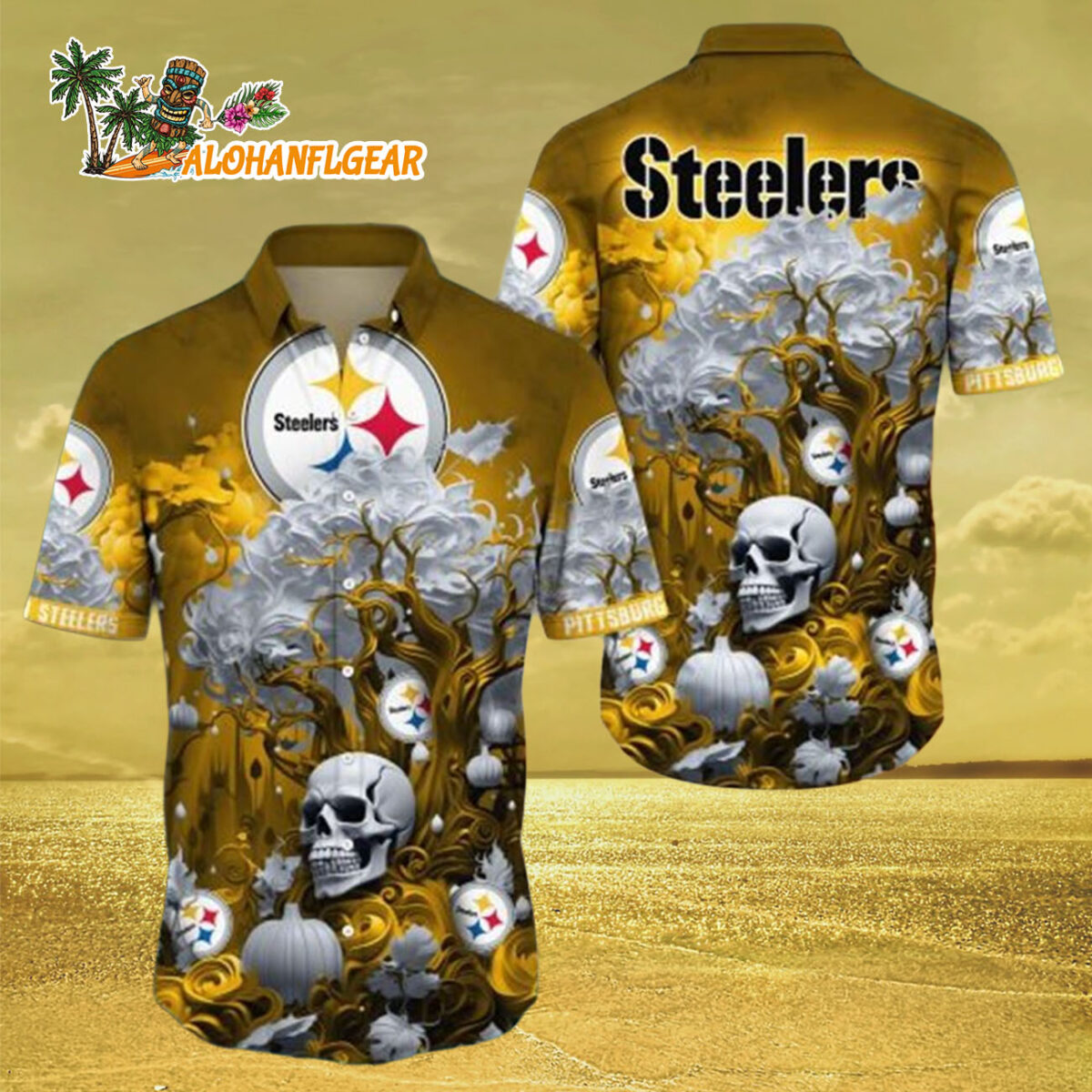 Pittsburgh Steelers Halloween Skull Pumpkin Philadelphia Eagles Aloha Shirt 3