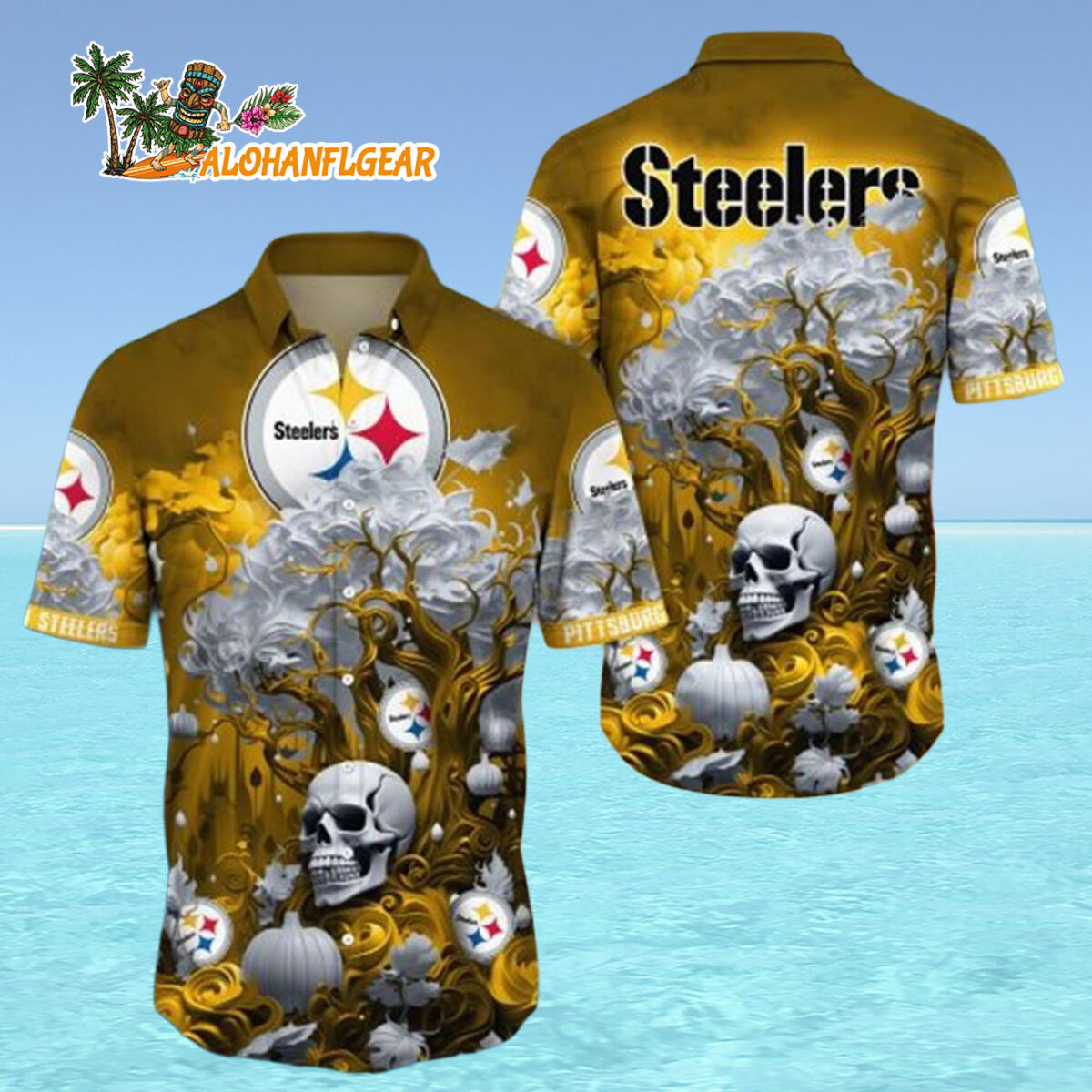 Pittsburgh Steelers Halloween Skull Pumpkin Philadelphia Eagles Aloha Shirt 4