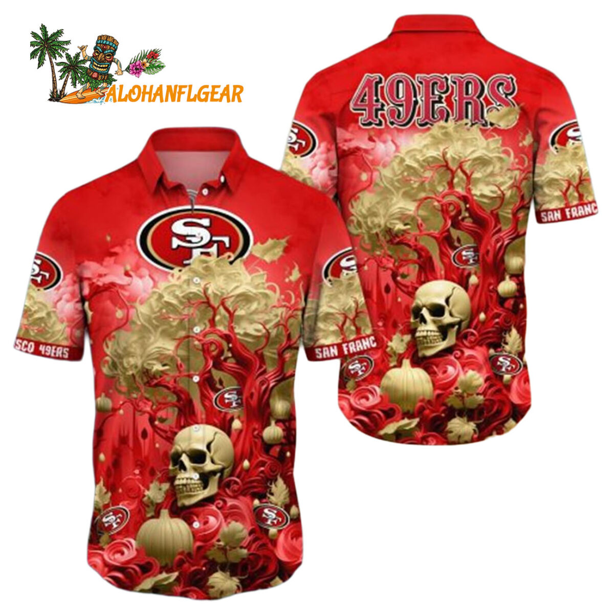 San Francisco 49ers Halloween Skull Pumpkin San Francisco 49ers Aloha Shirt 1