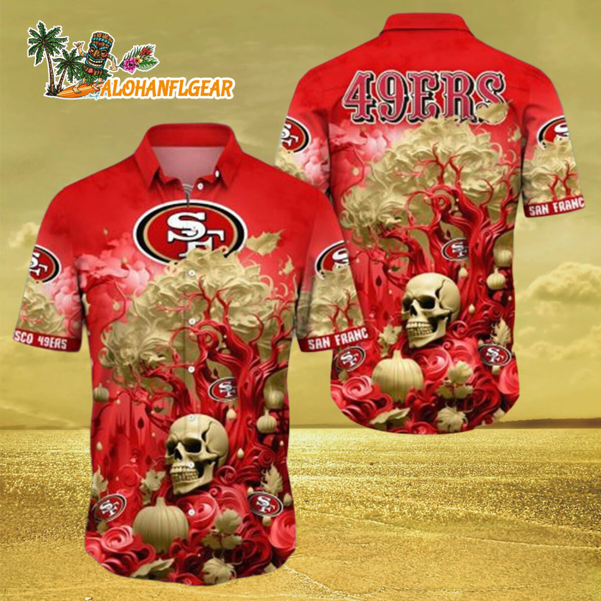 San Francisco 49ers Halloween Skull Pumpkin, San Francisco 49ers Aloha Shirt 2 San Francisco 49ers Halloween Skull Pumpkin San Francisco 49ers Aloha Shirt 3