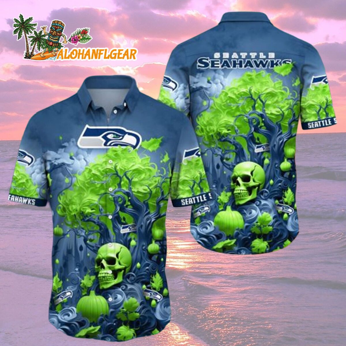 Seattle seahawks Halloween Skull Pumpkin Seattle seahawks Aloha Shirt 2