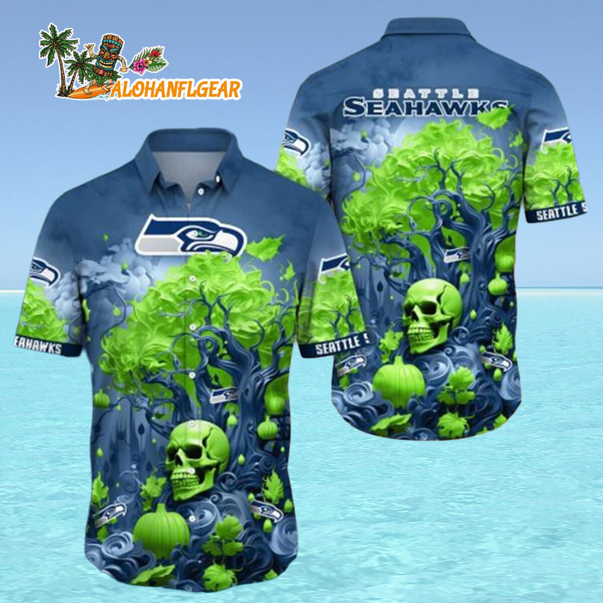 Seattle seahawks Halloween Skull Pumpkin Seattle seahawks Aloha Shirt 4