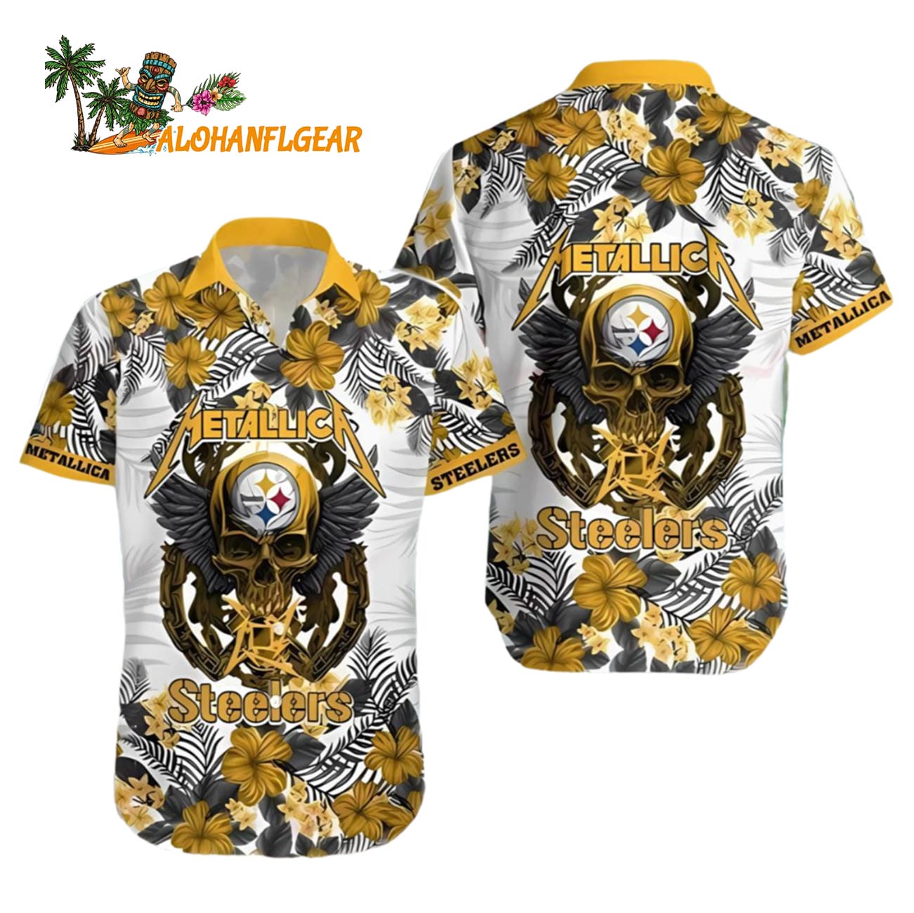 Steelers Button Up Shirt Metallica Skull And Flower Aloha Shirt Steelers Button Up Shirt Metallica Skull And Flower Aloha Shirt