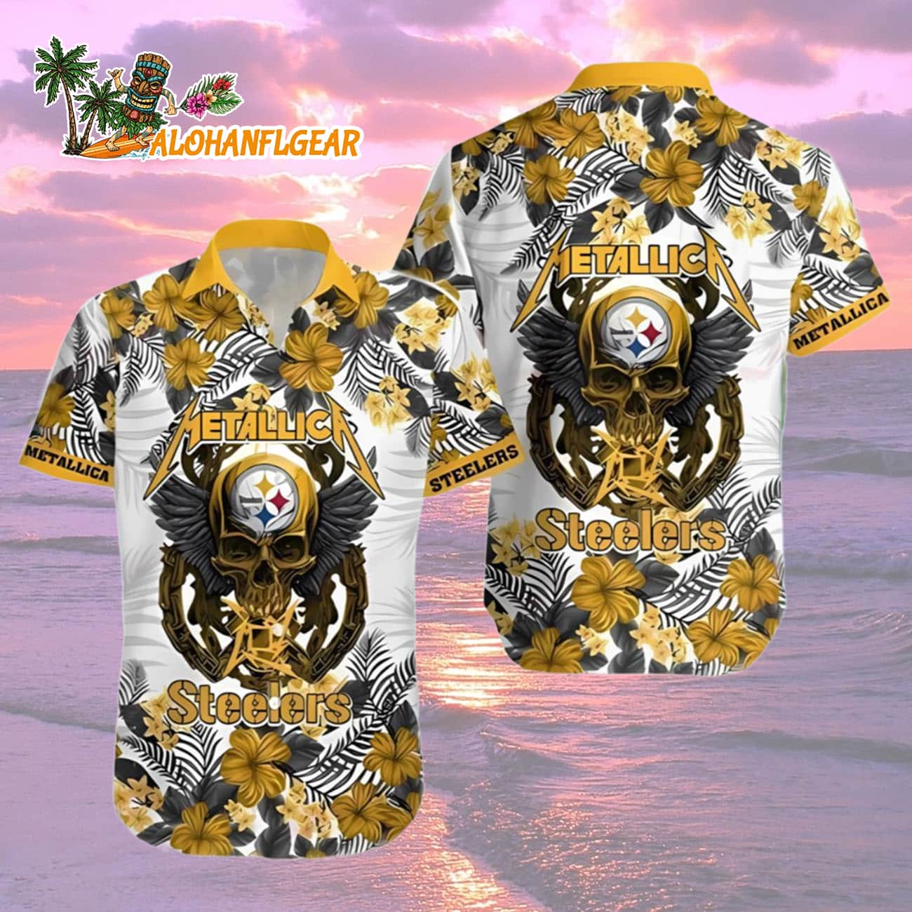 Steelers Button Up Shirt Metallica Skull And Flower Aloha Shirt Steelers Button Up Shirt Metallica Skull And Flower Aloha Shirt