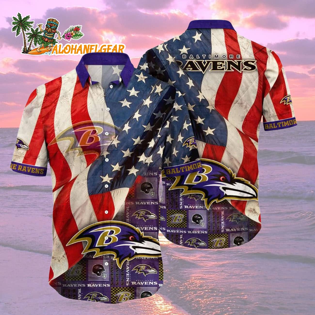 Baltimore Ravens American Flag Hawaiian Shirt, NFL Aloha Shirt Baltimore Ravens American Flag Hawaiian Shirt, NFL Aloha Shirt