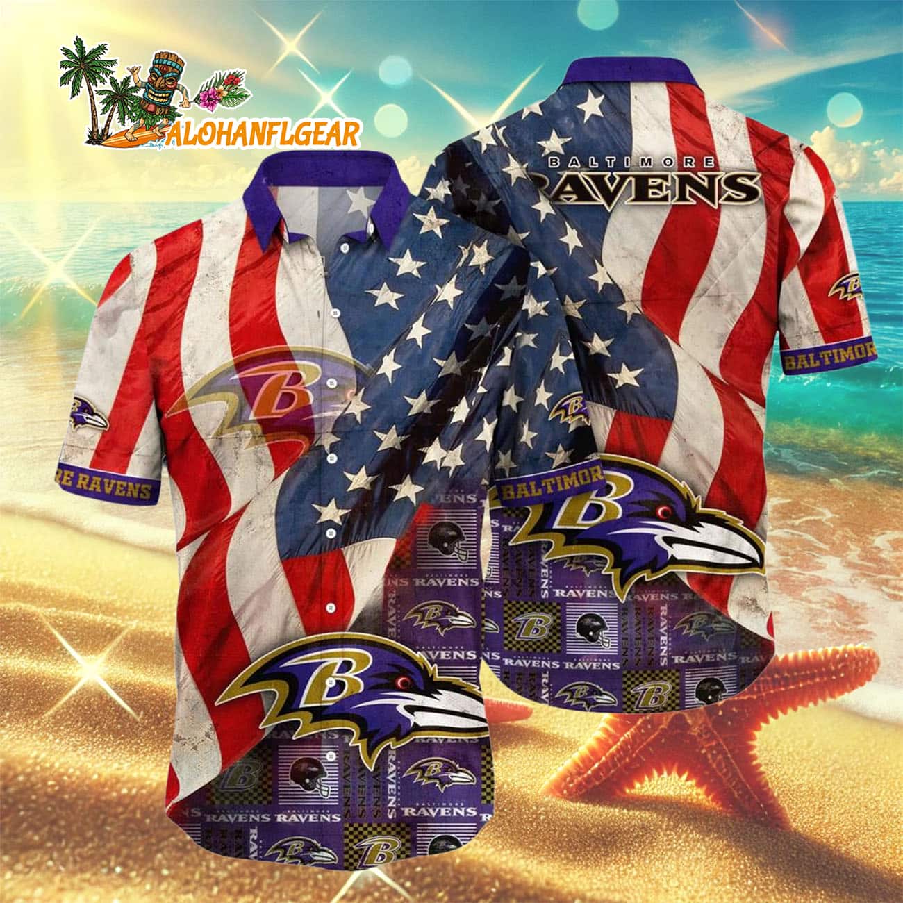 Baltimore Ravens American Flag Hawaiian Shirt, NFL Aloha Shirt Baltimore Ravens American Flag Hawaiian Shirt, NFL Aloha Shirt