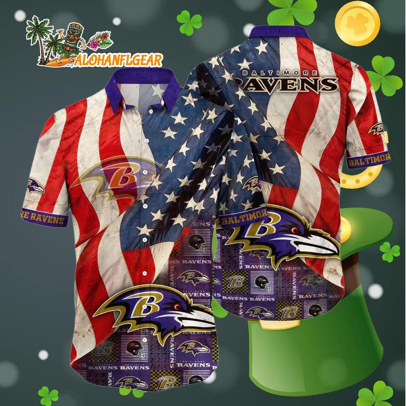 Baltimore Ravens American Flag Hawaiian Shirt, NFL Aloha Shirt Baltimore Ravens American Flag Hawaiian Shirt, NFL Aloha Shirt