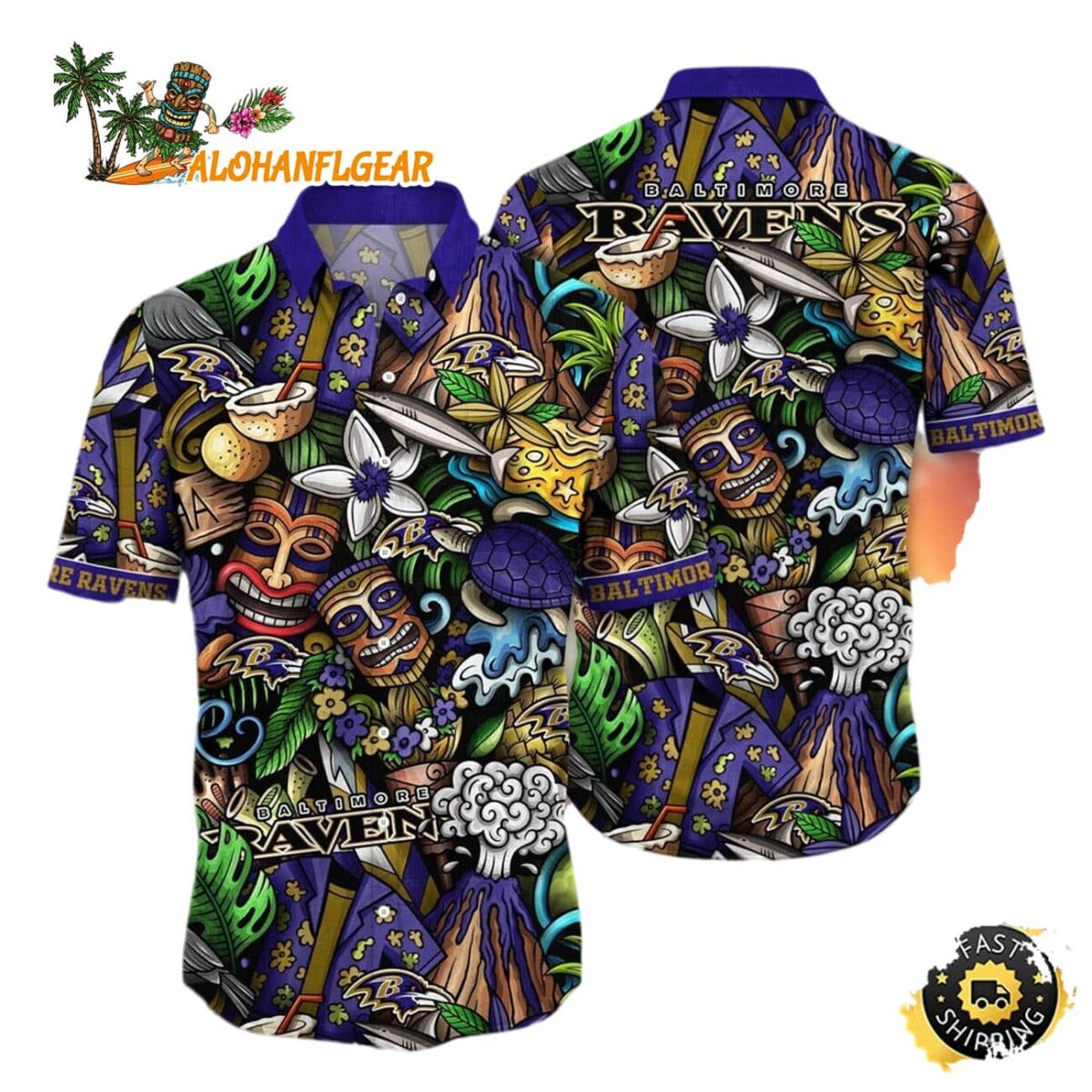 Baltimore Ravens Flower Tiki Me Off Hawaiian Shirt Baltimore Ravens Aloha Shirt 1