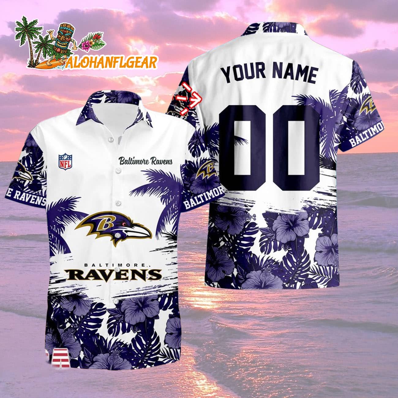 Baltimore Ravens Hibiscus Flower Custom Name Hawaiian Shirt, NFL Aloha Shirt Baltimore Ravens Hibiscus Flower Custom Name Hawaiian Shirt, NFL Aloha Shirt