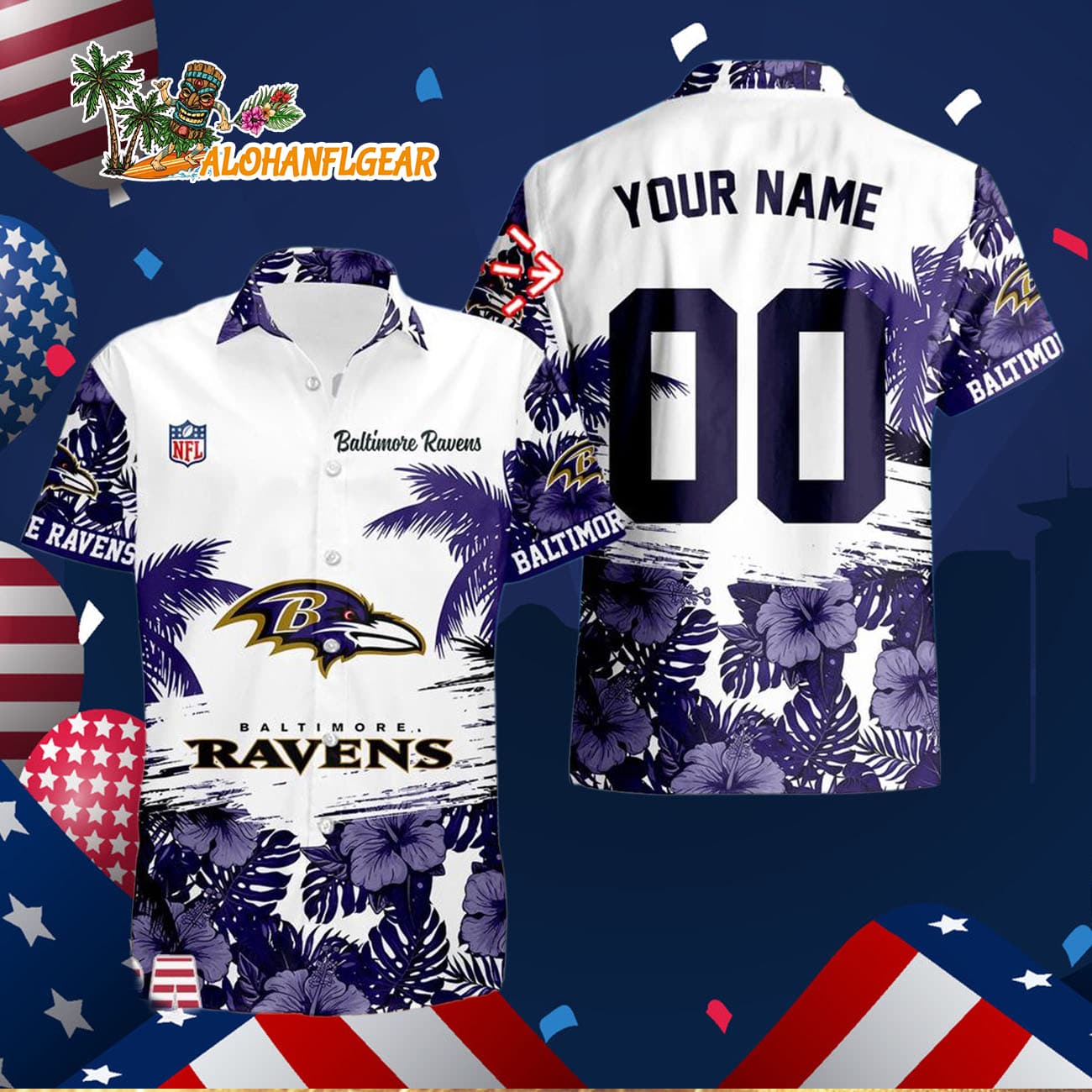 Baltimore Ravens Hibiscus Flower Custom Name Hawaiian Shirt, NFL Aloha Shirt Baltimore Ravens Hibiscus Flower Custom Name Hawaiian Shirt, NFL Aloha Shirt