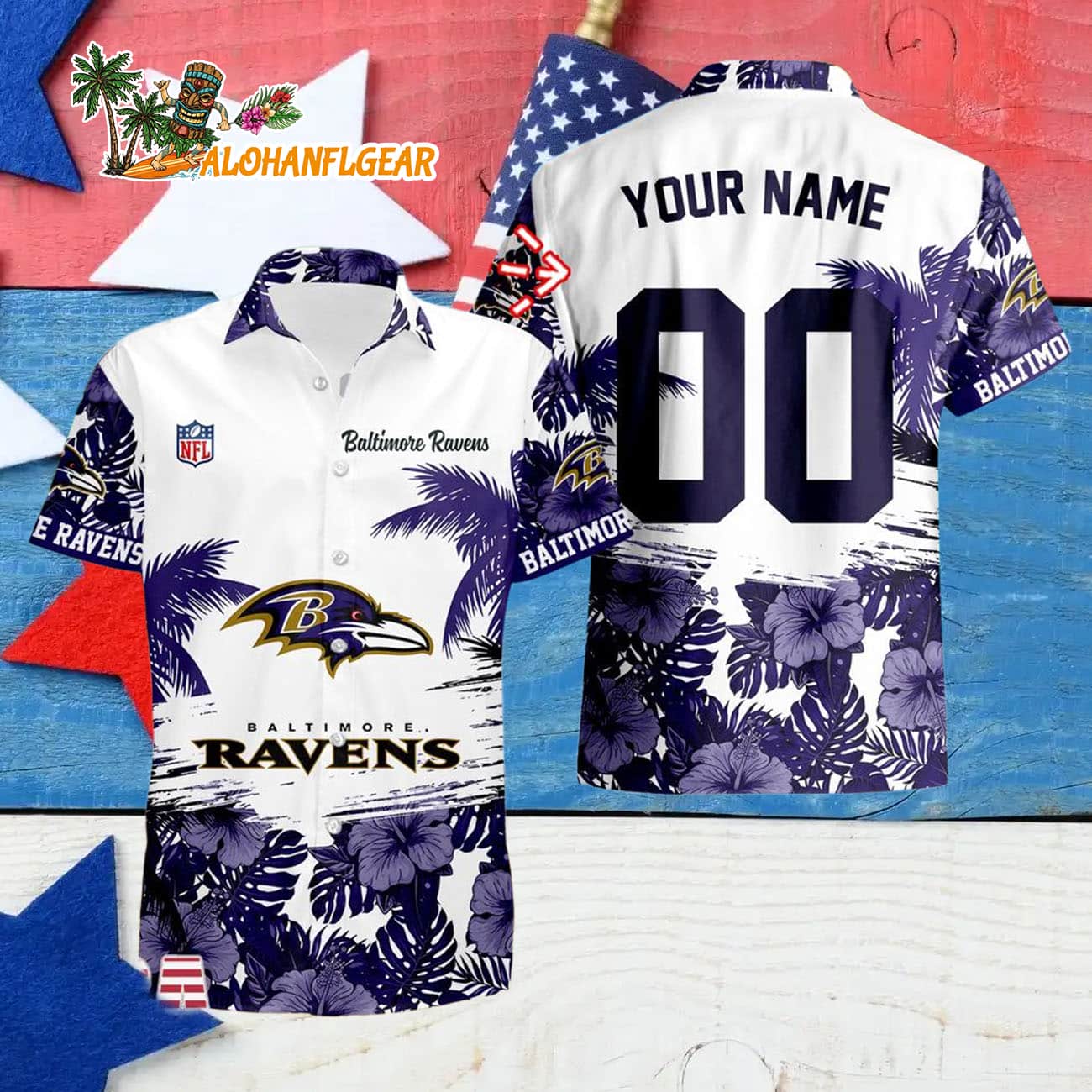 Baltimore Ravens Hibiscus Flower Custom Name Hawaiian Shirt, NFL Aloha Shirt Baltimore Ravens Hibiscus Flower Custom Name Hawaiian Shirt, NFL Aloha Shirt