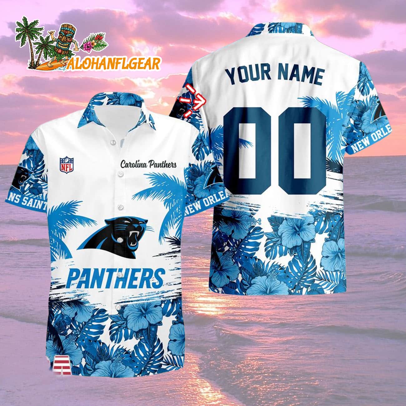 Carolina Panthers Hibiscus Flower Custom Name Hawaiian Shirt, NFL Aloha Shirt Carolina Panthers Hibiscus Flower Custom Name Hawaiian Shirt, NFL Aloha Shirt