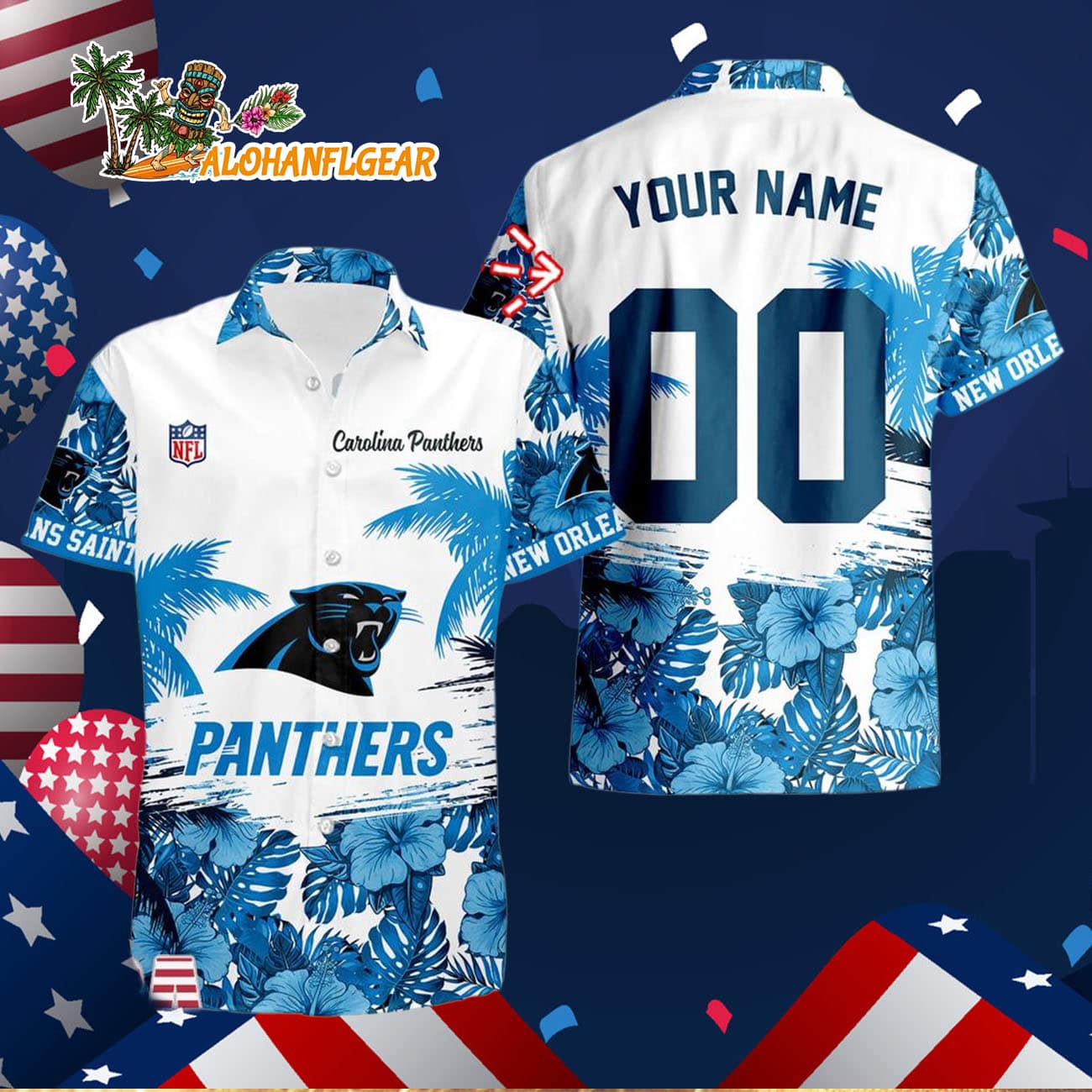 Carolina Panthers Hibiscus Flower Custom Name Hawaiian Shirt, NFL Aloha Shirt Carolina Panthers Hibiscus Flower Custom Name Hawaiian Shirt, NFL Aloha Shirt