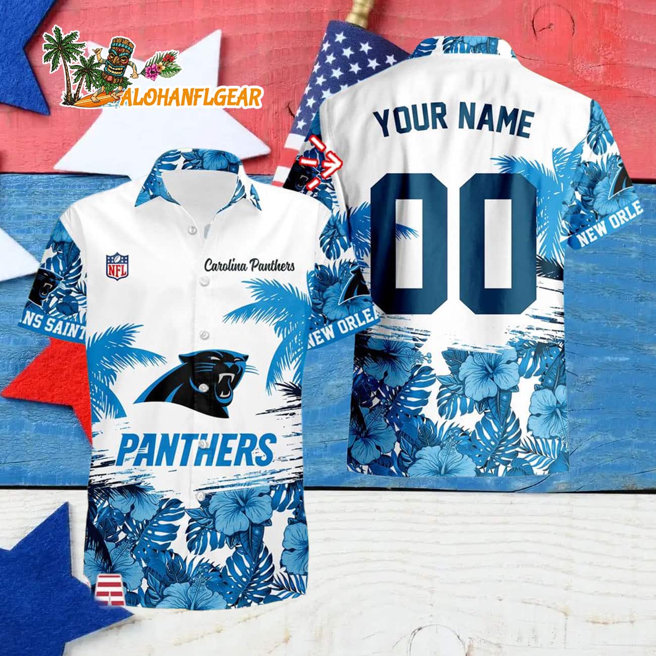 Carolina Panthers Hibiscus Flower Custom Name Hawaiian Shirt, NFL Aloha Shirt Carolina Panthers Hibiscus Flower Custom Name Hawaiian Shirt, NFL Aloha Shirt