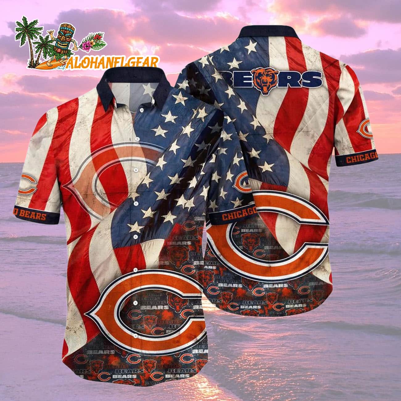 Chicago Bears American Flag Hawaiian Shirt, NFL Aloha Shirt Chicago Bears American Flag Hawaiian Shirt, NFL Aloha Shirt