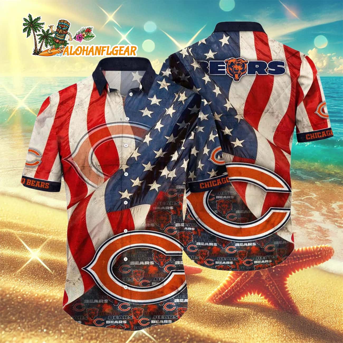 Chicago Bears American Flag Hawaiian Shirt, NFL Aloha Shirt Chicago Bears American Flag Hawaiian Shirt, NFL Aloha Shirt