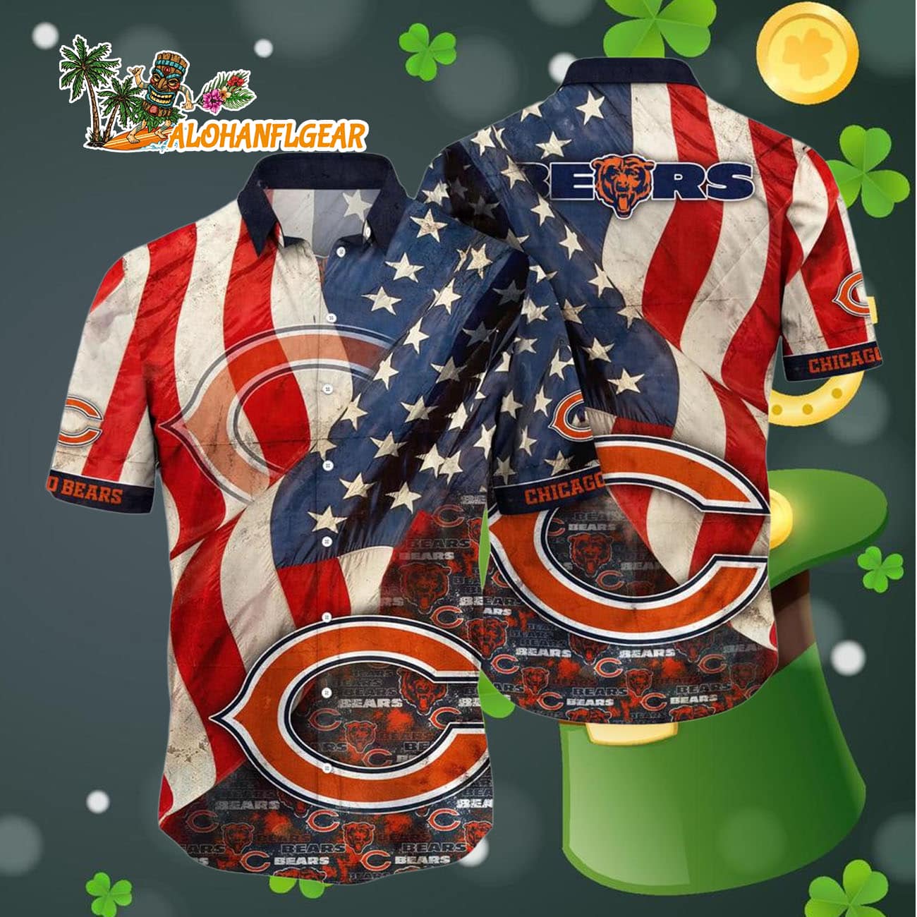 Chicago Bears American Flag Hawaiian Shirt, NFL Aloha Shirt Chicago Bears American Flag Hawaiian Shirt, NFL Aloha Shirt