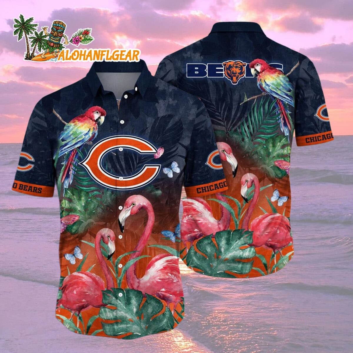 Chicago Bears Flamingo And Flower Hawaiian Shirt, Chicago Bears Aloha Shirt 1 Chicago Bears Flamingo And Flower Hawaiian Shirt Chicago Bears Aloha Shirt 2