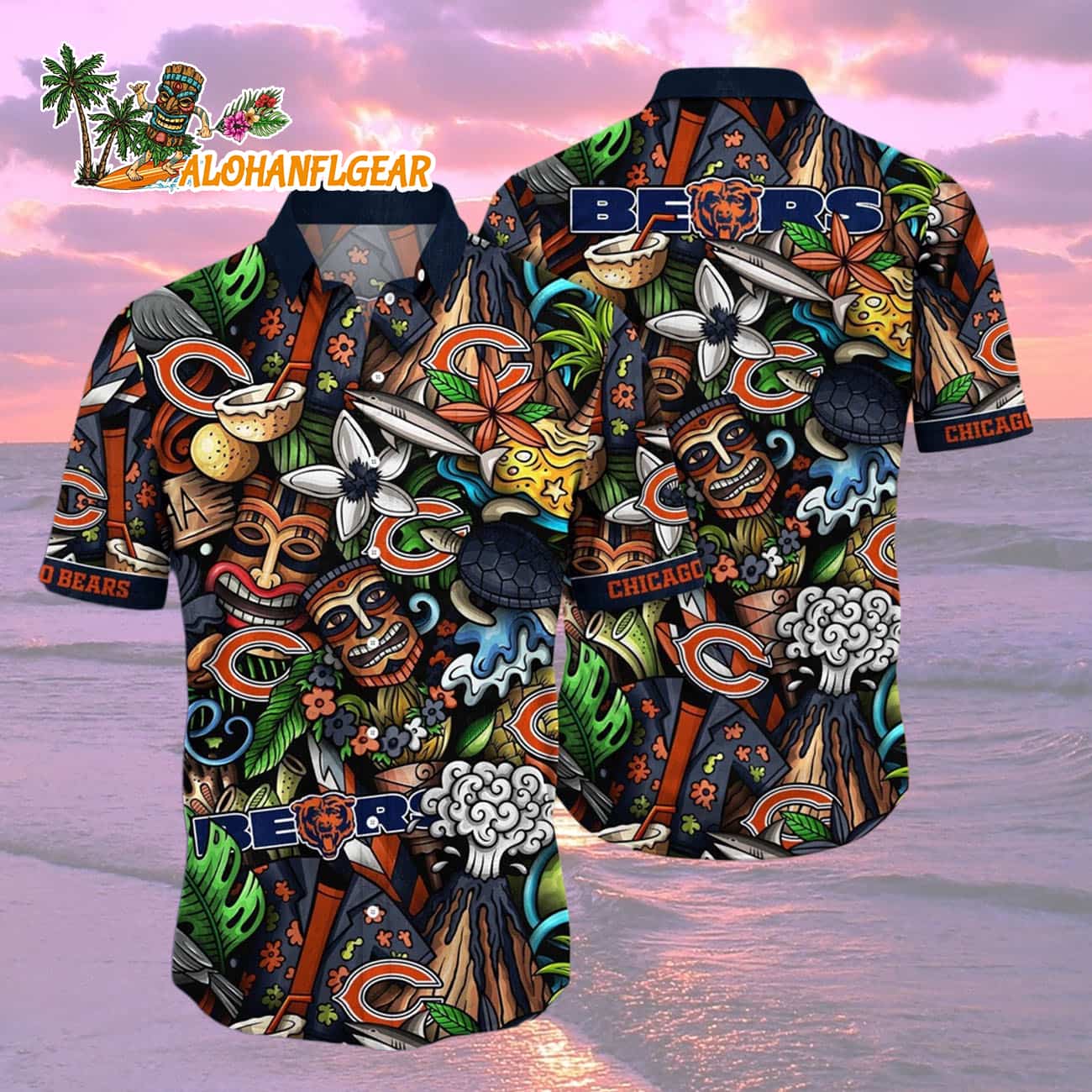 Chicago Bears Flower Tiki Me Off Hawaiian Shirt, Chicago Bears Aloha Shirt Chicago Bears Flower Tiki Me Off Hawaiian Shirt, Chicago Bears Aloha Shirt