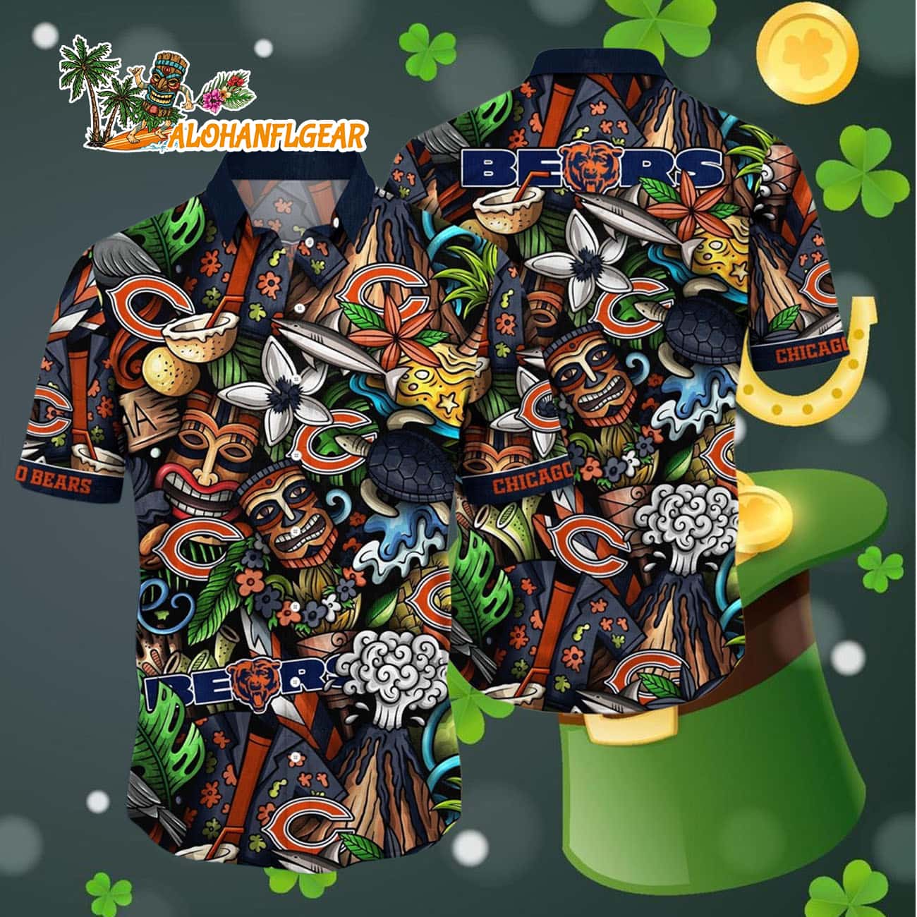 Chicago Bears Flower Tiki Me Off Hawaiian Shirt, Chicago Bears Aloha Shirt Chicago Bears Flower Tiki Me Off Hawaiian Shirt, Chicago Bears Aloha Shirt