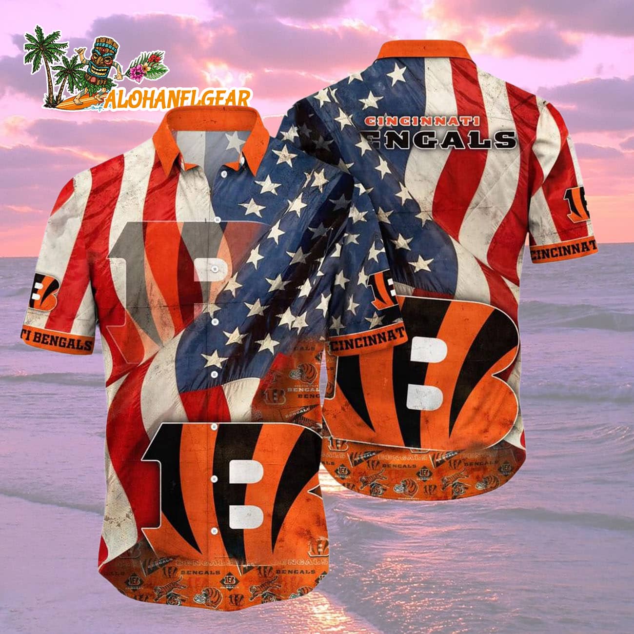 Cincinnati Bengals American Flag Hawaiian Shirt, NFL Aloha Shirt Cincinnati Bengals American Flag Hawaiian Shirt, NFL Aloha Shirt