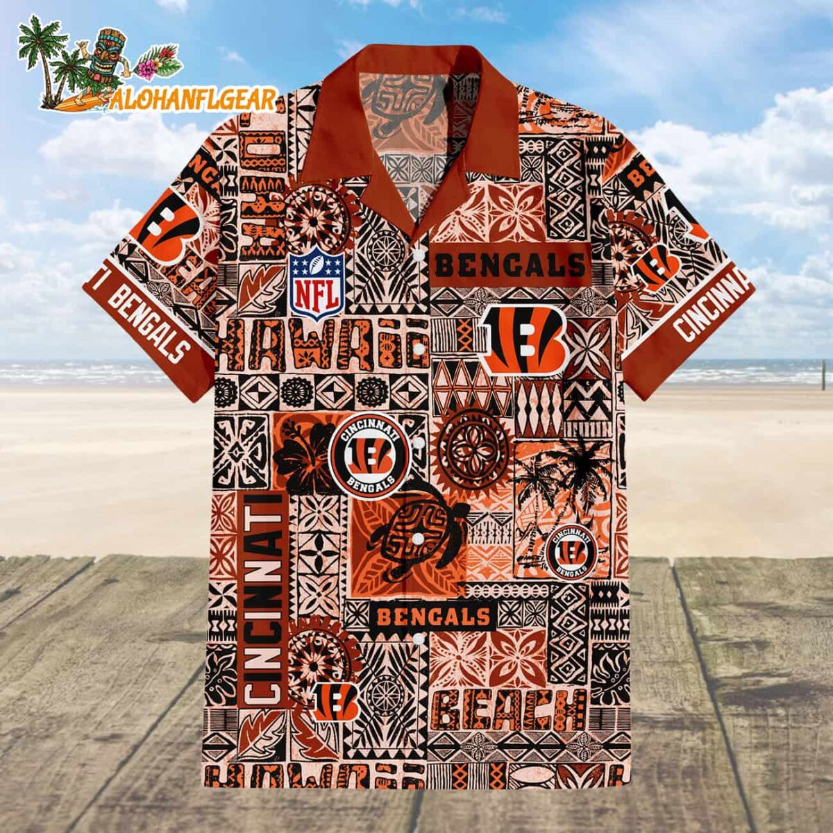 Cincinnati Bengals Hawaiian Tapa Patterns Hawaiian Shirt NFL Aloha Shirt 1