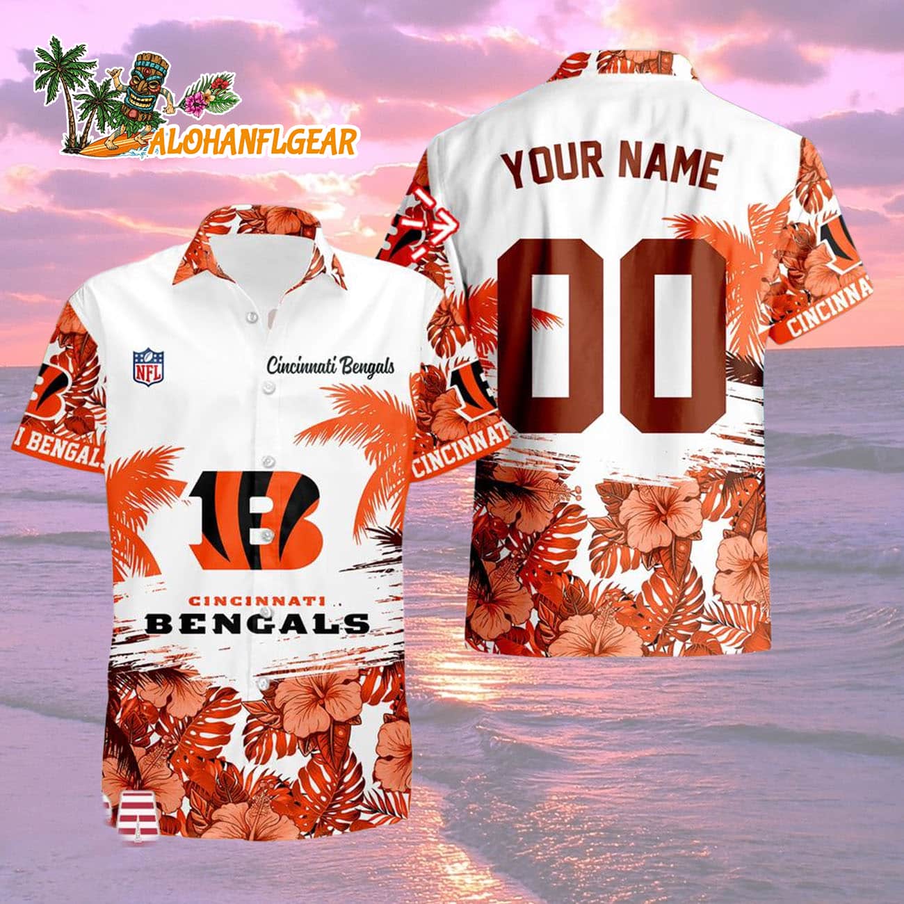 Cincinnati Bengals Hibiscus Flower Custom Name Hawaiian Shirt, NFL Aloha Shirt Cincinnati Bengals Hibiscus Flower Custom Name Hawaiian Shirt, NFL Aloha Shirt