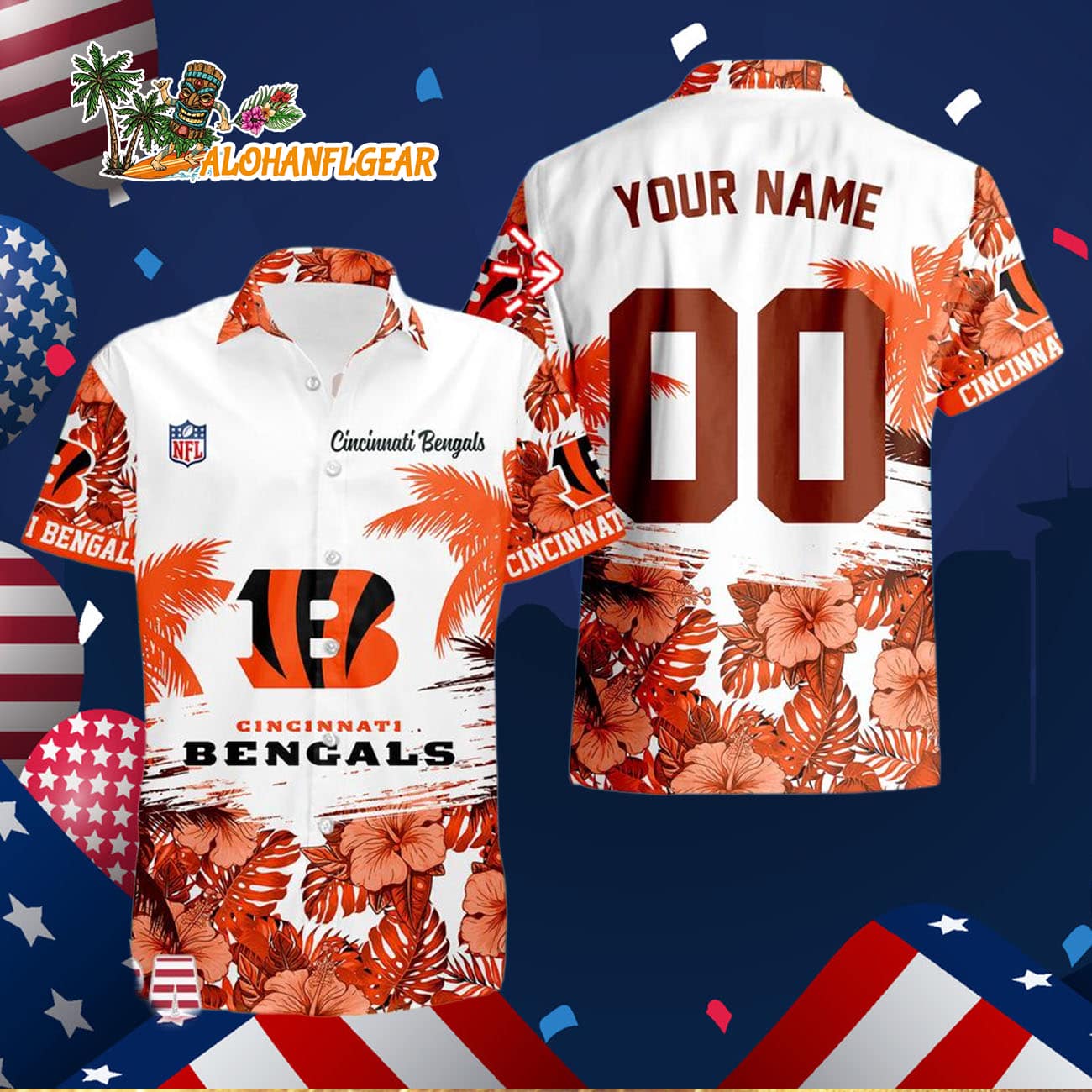 Cincinnati Bengals Hibiscus Flower Custom Name Hawaiian Shirt, NFL Aloha Shirt Cincinnati Bengals Hibiscus Flower Custom Name Hawaiian Shirt, NFL Aloha Shirt