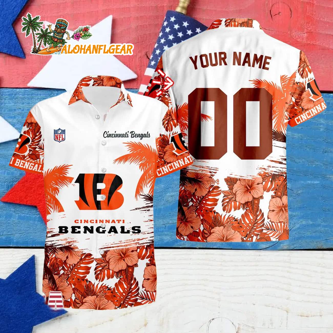 Cincinnati Bengals Hibiscus Flower Custom Name Hawaiian Shirt, NFL Aloha Shirt Cincinnati Bengals Hibiscus Flower Custom Name Hawaiian Shirt, NFL Aloha Shirt