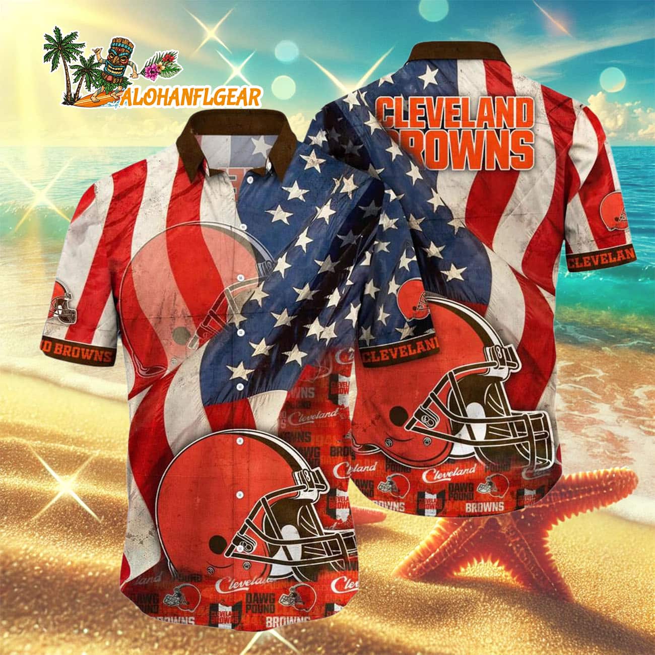 Cleveland Browns American Flag Hawaiian Shirt, NFL Aloha Shirt Cleveland Browns American Flag Hawaiian Shirt, NFL Aloha Shirt