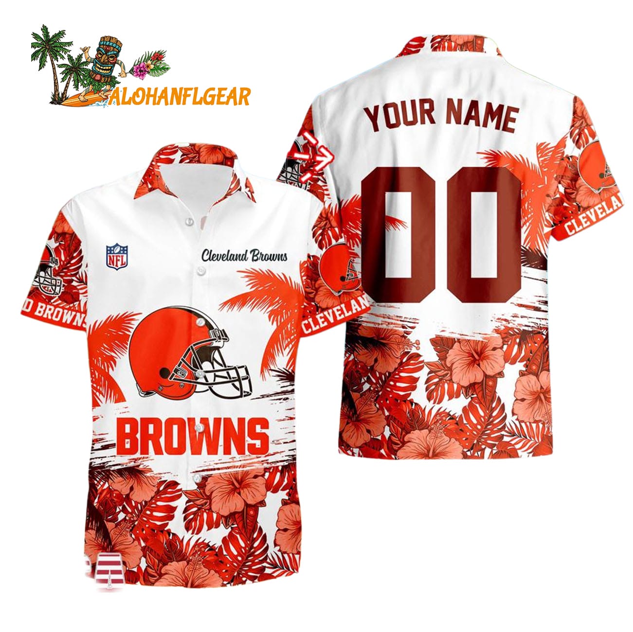 Cleveland Browns Hibiscus Flower Custom Name Hawaiian Shirt, NFL Aloha Shirt Cleveland Browns Hibiscus Flower Custom Name Hawaiian Shirt, NFL Aloha Shirt