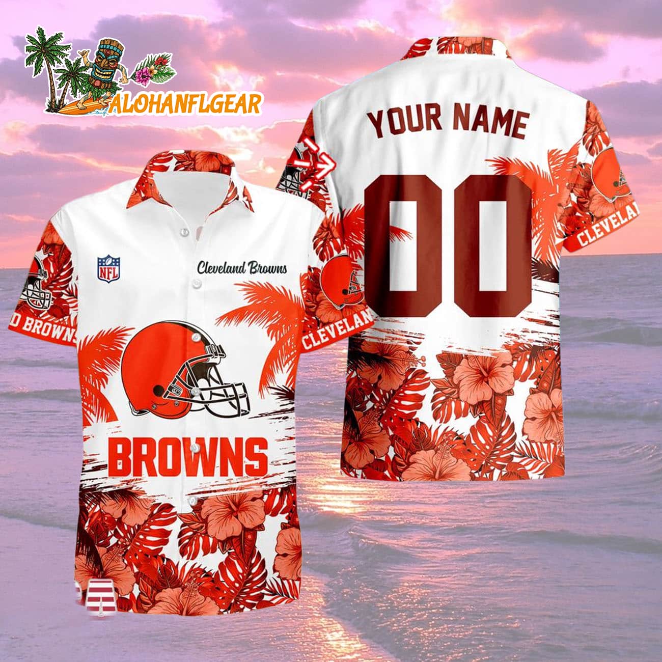 Cleveland Browns Hibiscus Flower Custom Name Hawaiian Shirt, NFL Aloha Shirt Cleveland Browns Hibiscus Flower Custom Name Hawaiian Shirt, NFL Aloha Shirt
