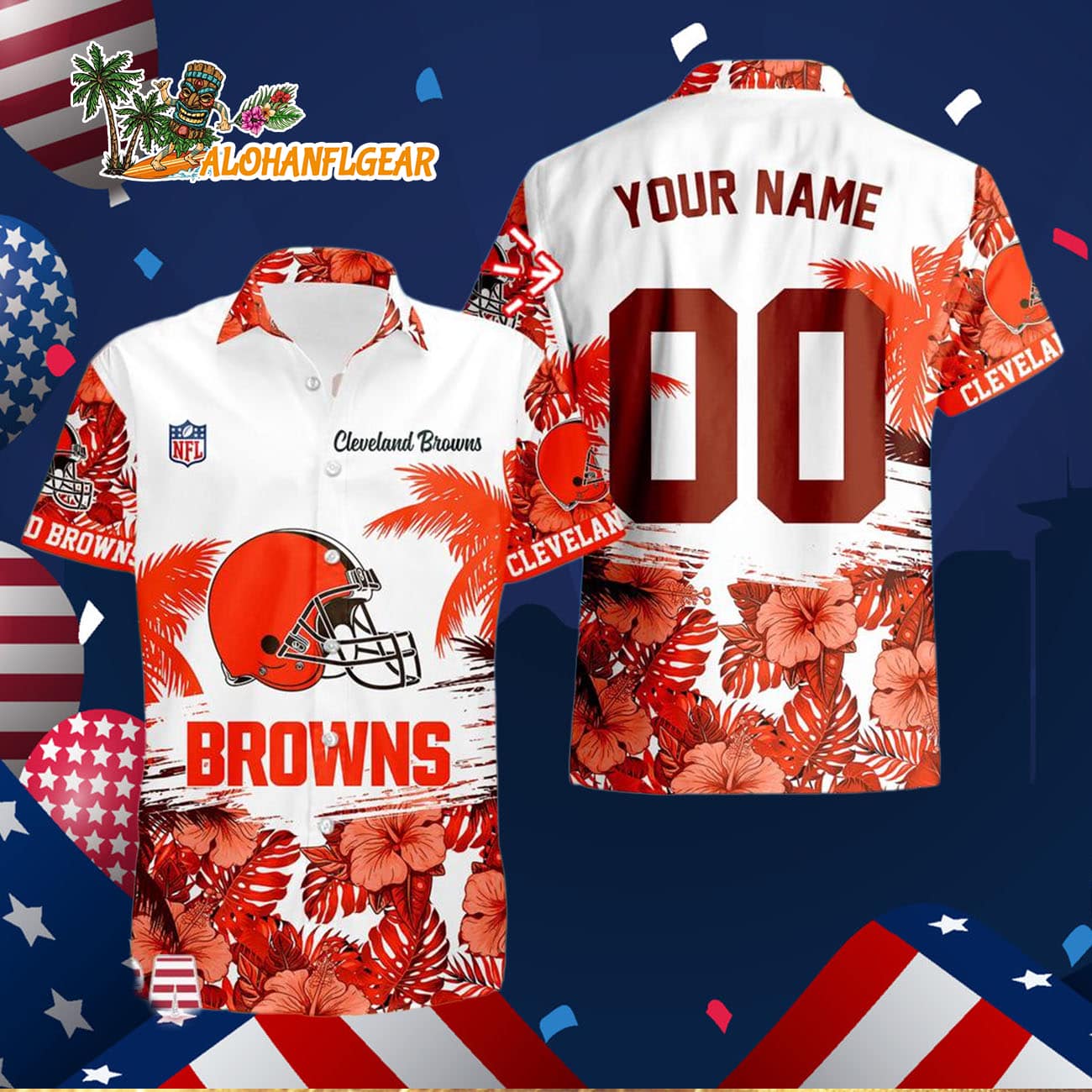 Cleveland Browns Hibiscus Flower Custom Name Hawaiian Shirt, NFL Aloha Shirt Cleveland Browns Hibiscus Flower Custom Name Hawaiian Shirt, NFL Aloha Shirt