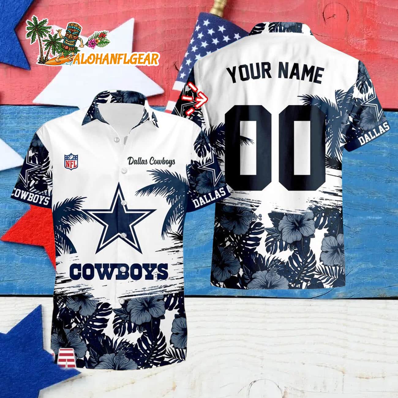 Dallas Cowboys Hibiscus Flower Custom Name Hawaiian Shirt, NFL Aloha Shirt Dallas Cowboys Hibiscus Flower Custom Name Hawaiian Shirt, NFL Aloha Shirt