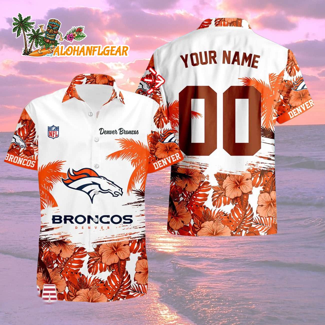 Denver Broncos Hibiscus Flower Custom Name Hawaiian Shirt, NFL Aloha Shirt Denver Broncos Hibiscus Flower Custom Name Hawaiian Shirt, NFL Aloha Shirt