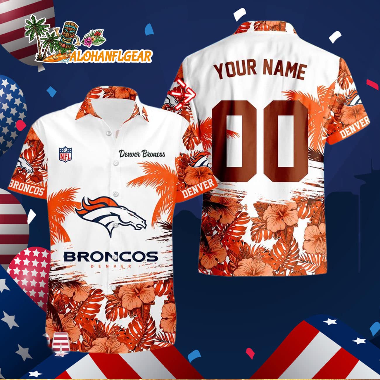 Denver Broncos Hibiscus Flower Custom Name Hawaiian Shirt, NFL Aloha Shirt Denver Broncos Hibiscus Flower Custom Name Hawaiian Shirt, NFL Aloha Shirt