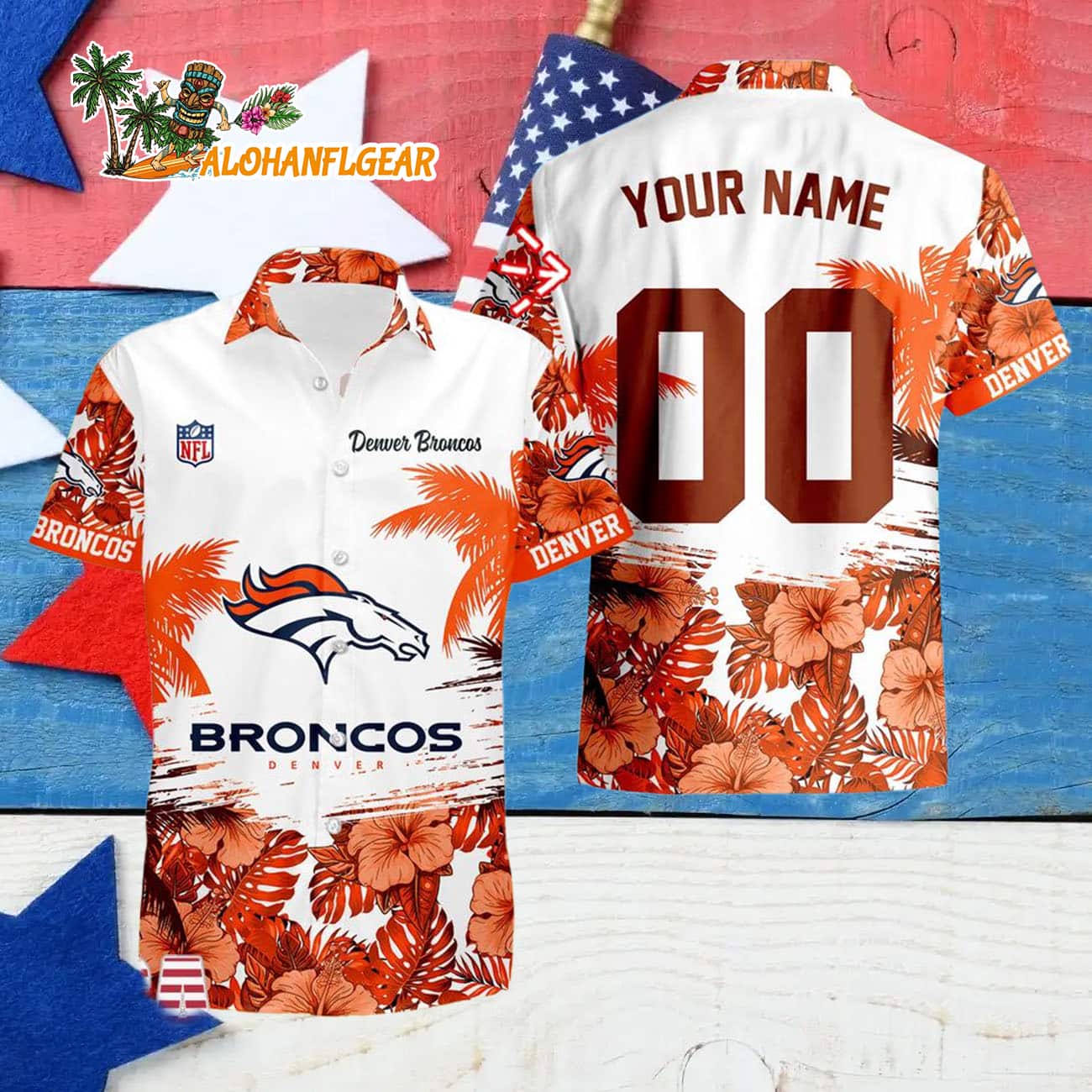 Denver Broncos Hibiscus Flower Custom Name Hawaiian Shirt, NFL Aloha Shirt Denver Broncos Hibiscus Flower Custom Name Hawaiian Shirt, NFL Aloha Shirt