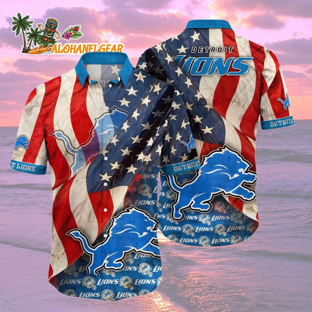 Detroit Lions American Flag Hawaiian Shirt, NFL Aloha Shirt Detroit Lions American Flag Hawaiian Shirt, NFL Aloha Shirt