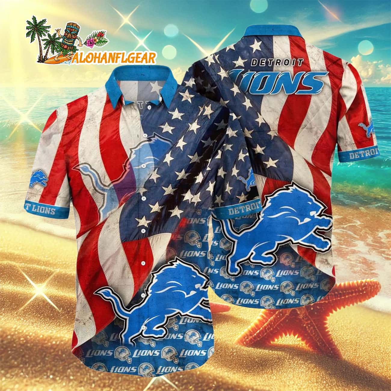 Detroit Lions American Flag Hawaiian Shirt, NFL Aloha Shirt Detroit Lions American Flag Hawaiian Shirt, NFL Aloha Shirt