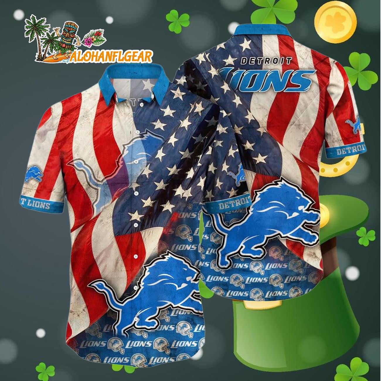 Detroit Lions American Flag Hawaiian Shirt, NFL Aloha Shirt Detroit Lions American Flag Hawaiian Shirt, NFL Aloha Shirt