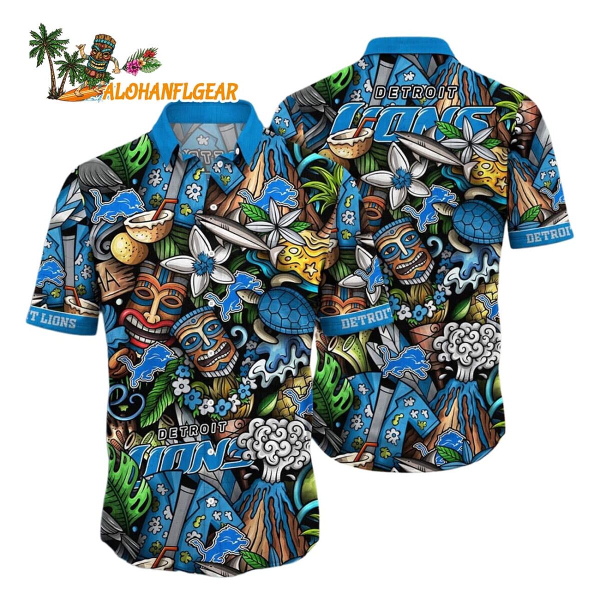 Detroit Lions Flower Tiki Me Off Hawaiian Shirt Detroit Lions Aloha Shirt 1